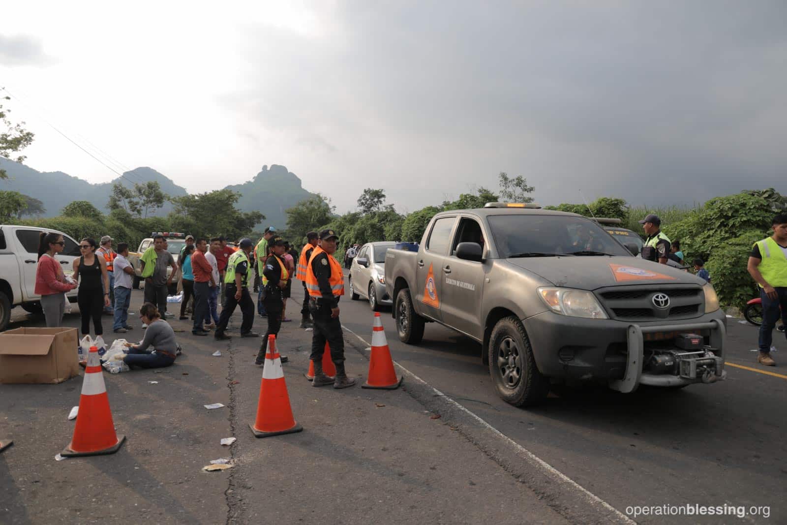 Disaster workers near Fuego volcano.