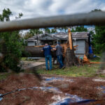 Workers working on removing downed tree